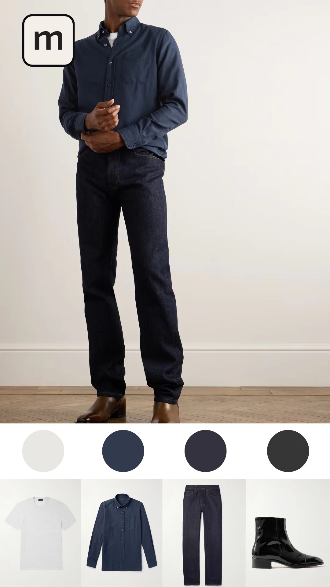 Navy Shirt with Dark Jeans and Dress Shoes